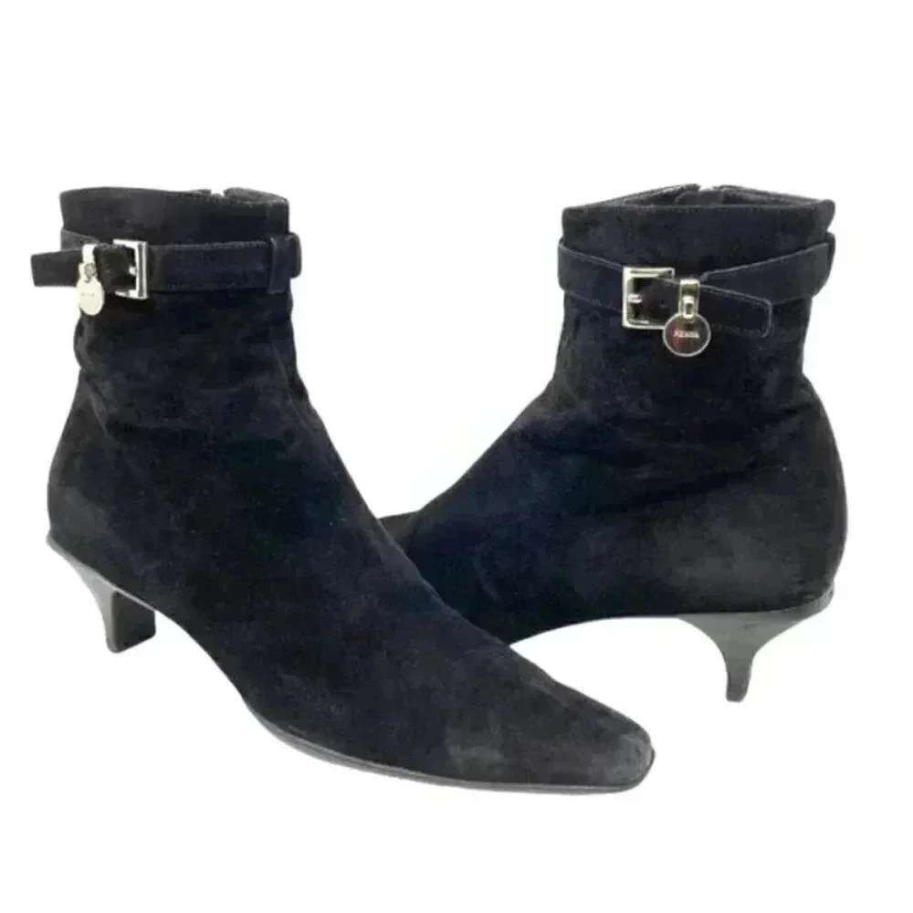 Prada Black Suede Pointed Toe French Kitten Heel Side Zip Ankle Boots Size 8